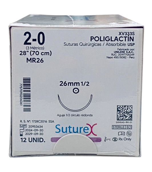 Caja de 12 suturas Suturex XV333S, poliglactin absorbible, calibre 2-0, hebra 70 cm y aguja redonda MR26 de 26 mm, 1/2 círculo.