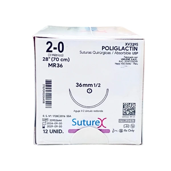 Caja de 12 suturas Suturex XV339S, poliglactin absorbible, calibre 2-0, hebra 70 cm y aguja redonda MR36 de 36 mm, 1/2 círculo.