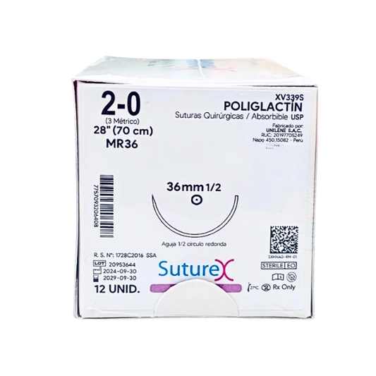 Caja de 12 suturas Suturex XV339S, poliglactin absorbible, calibre 2-0, hebra 70 cm y aguja redonda MR36 de 36 mm, 1/2 círculo.