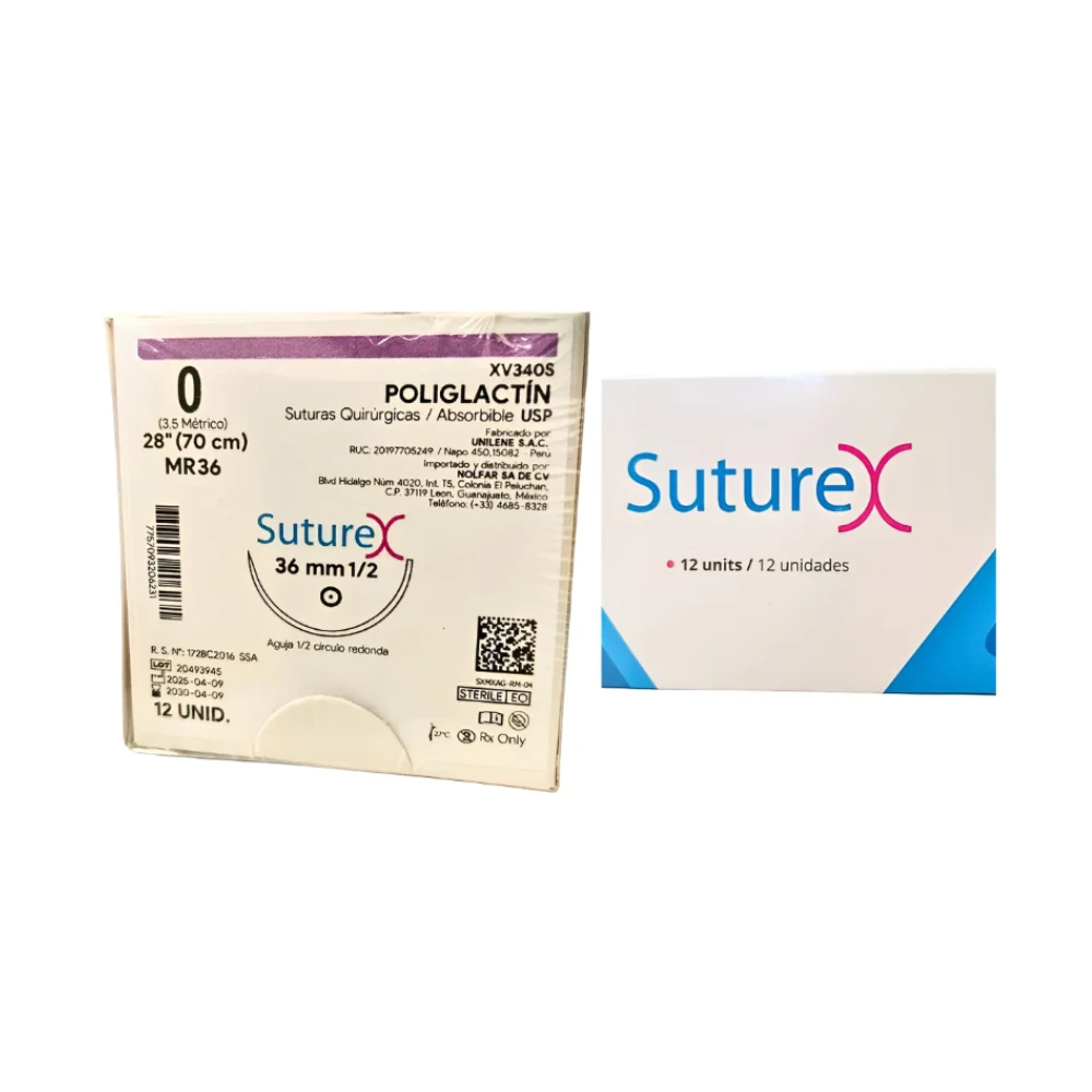 Caja de 12 suturas Suturex XV340S, poliglactin absorbible, calibre 0, hebra 70 cm y aguja redonda MR36 de 36 mm, 1/2 círculo.