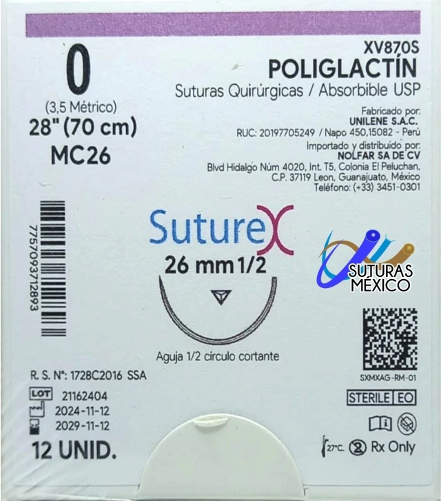 Etiqueta Suturex XV870S: poliglactina calibre 0, aguja cortante MC26 de 26 mm, 1/2 círculo, hebra de 70 cm y caja de 12. Lote y fechas de la foto son de referencia.