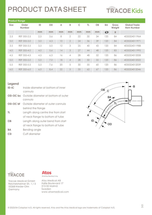 Ficha técnica Atos TRACOE Mini REF 355: tabla de medidas REF 355-3.5 (ID 3.5 mm, TL 40 mm) y REF 355-4.0 (ID 4.0 mm, TL 44 mm)