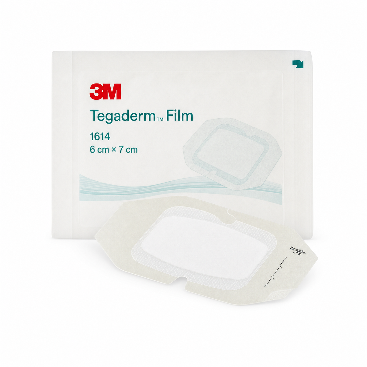 Imagen ilustrativa optimizada: apósito transparente 3M Tegaderm Film 1614, 6 cm × 7 cm, sobre fondo blanco