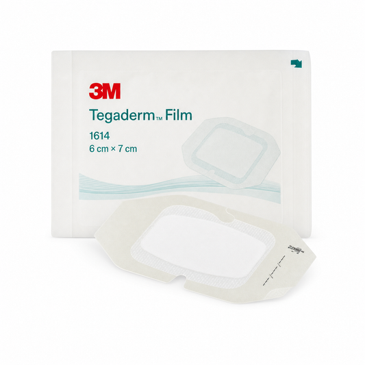 Imagen ilustrativa optimizada: apósito transparente 3M Tegaderm Film 1614, 6 cm × 7 cm, sobre fondo blanco
