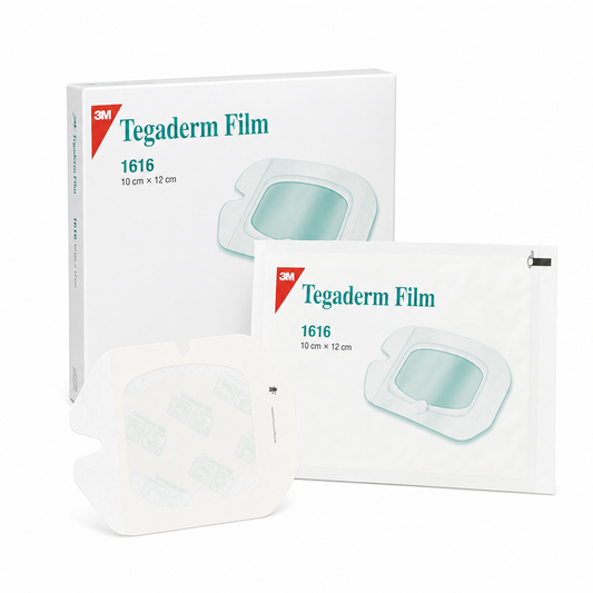 Imagen ilustrativa optimizada: apósito transparente 3M Tegaderm Film 1616, 10 cm × 12 cm, sobre fondo blanco