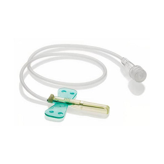 Set de infusión alado Terumo SURFLO SV-21BLK 21G × 3/4 con tubo de 30 cm sobre fondo blanco