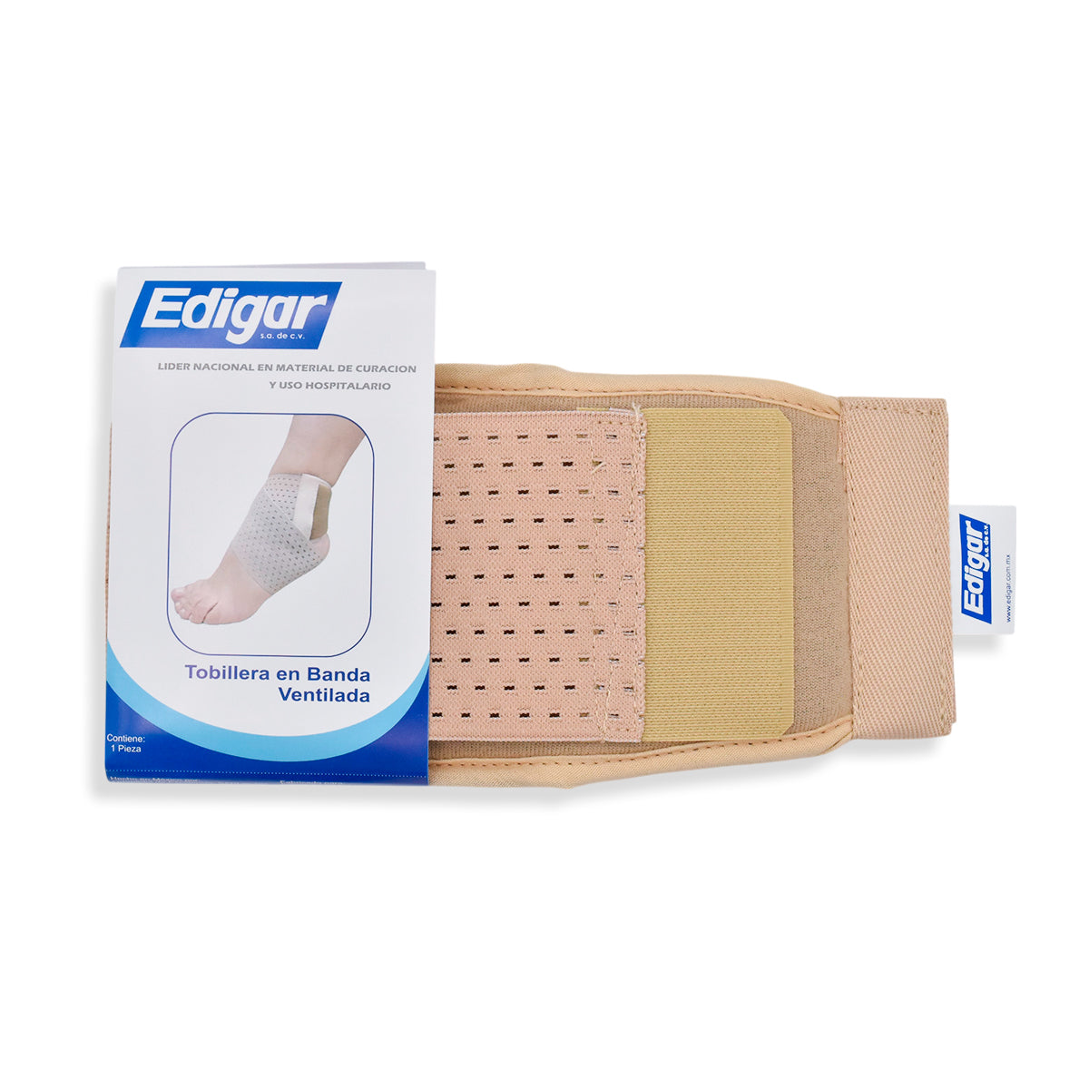 Tobillera beige Edigar AA10043 abierta, con panel elástico perforado, tela acojinada y cierre de contacto.