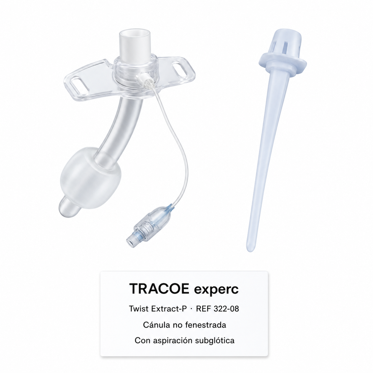 Imagen optimizada: TRACOE experc Twist Extract-P REF 322-08, set de traqueostomía con cánula no fenestrada y aspiración subglótica, sobre fondo blanco