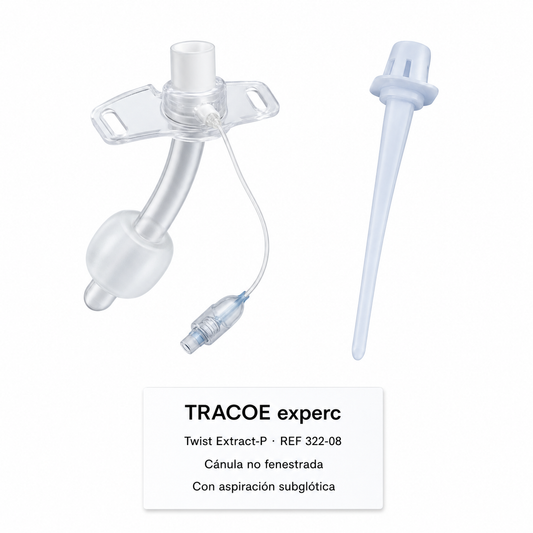 Imagen optimizada: TRACOE experc Twist Extract-P REF 322-08, set de traqueostomía con cánula no fenestrada y aspiración subglótica, sobre fondo blanco