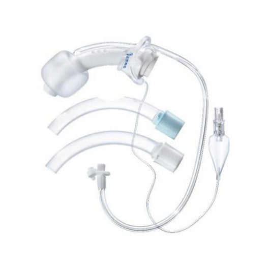 TRACOE Twist Extract-Fen cánula de traqueostomía fenestrada con balón y aspiración subglótica sobre fondo blanco