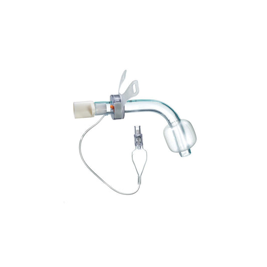 Cánula de traqueostomía TRACOE Vario REF 460 con placa ajustable y balón de baja presión, sobre fondo blanco