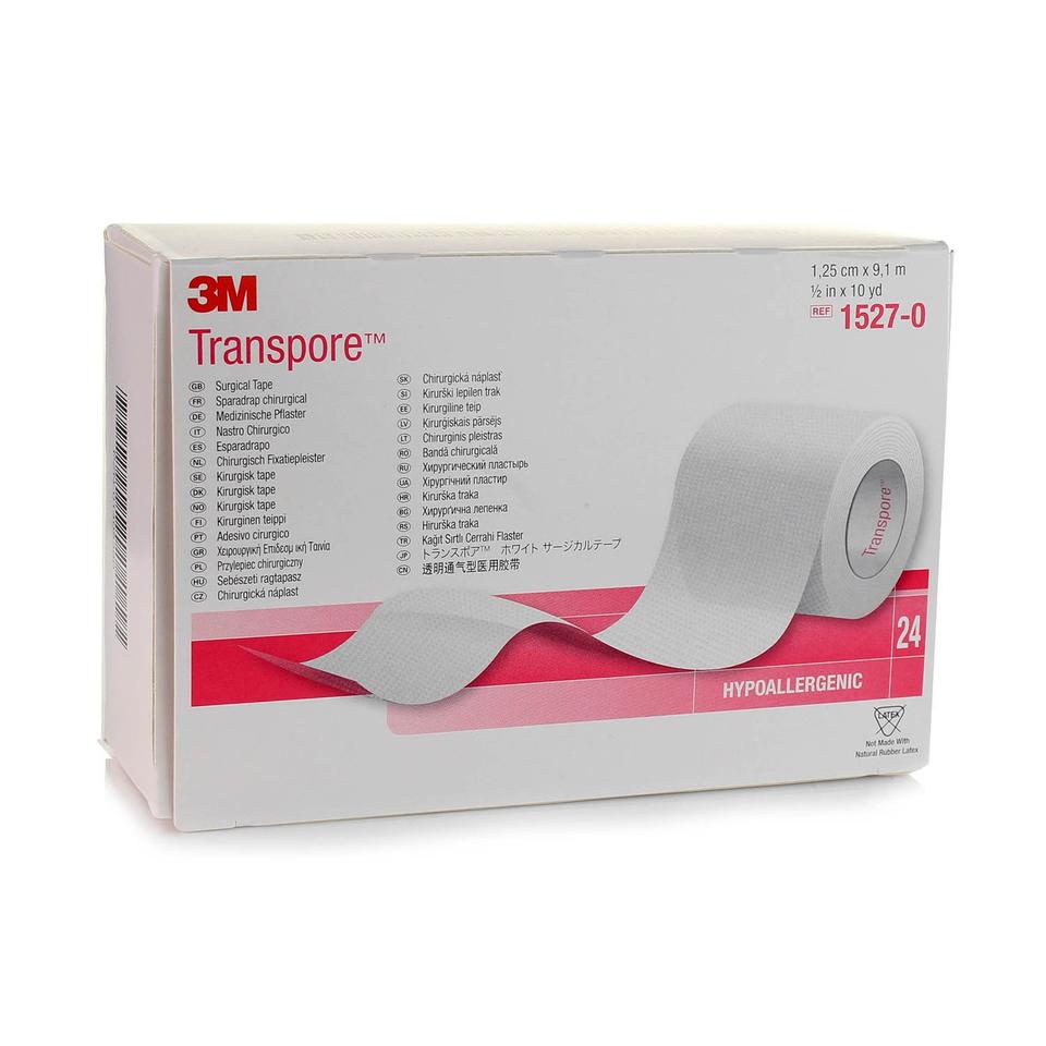 Caja 3M Transpore 1527-0, cinta quirúrgica transparente 1.25 cm × 9.1 m, 24 rollos