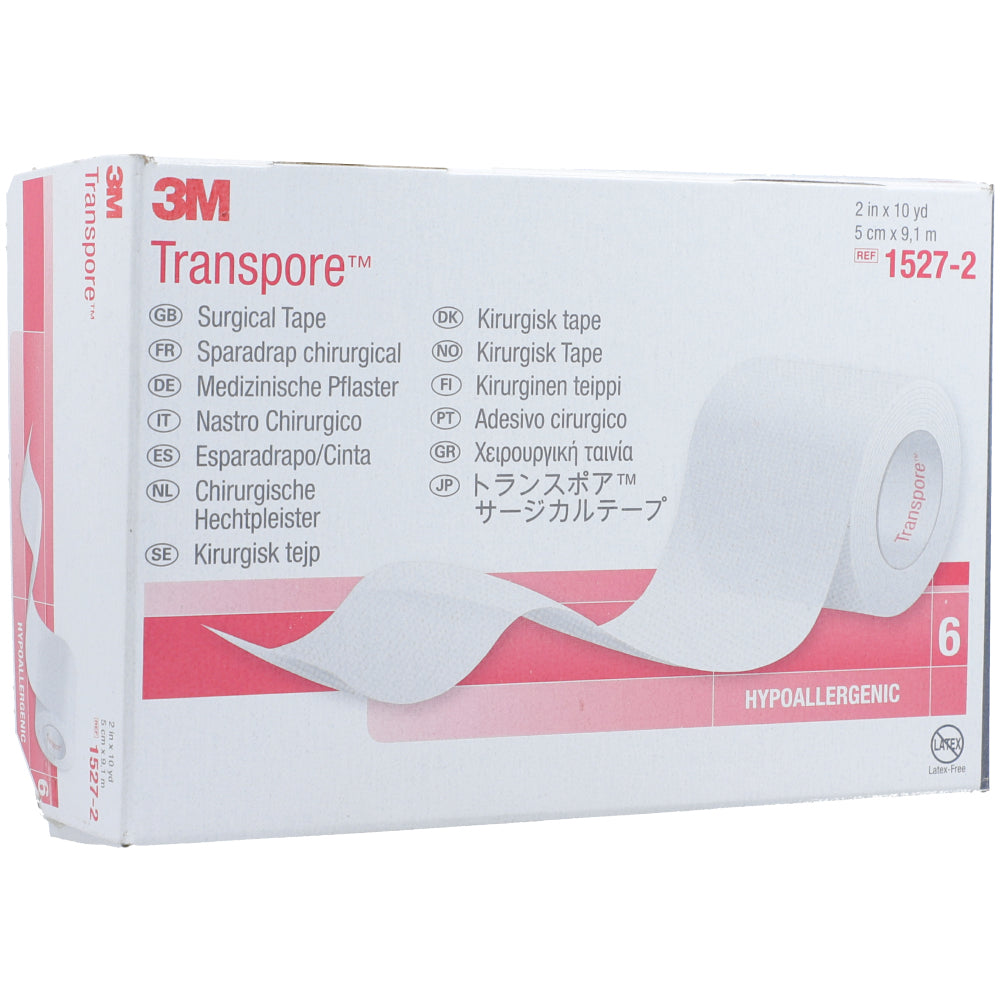Caja 3M Transpore 1527-2, cinta quirúrgica transparente 5 cm × 9.1 m, 6 rollos