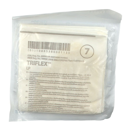 Reverso del sobre Triflex LP talla 7, GTIN 10885380001130 y registro sanitario mexicano
