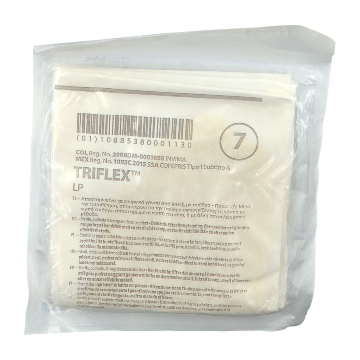 Reverso del sobre Triflex LP talla 7, GTIN 10885380001130 y registro sanitario mexicano