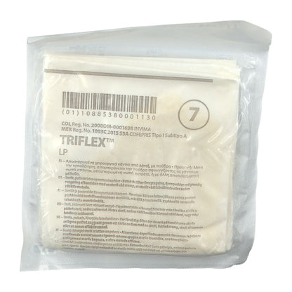 Reverso del sobre Triflex LP talla 7, GTIN 10885380001130 y registro sanitario mexicano