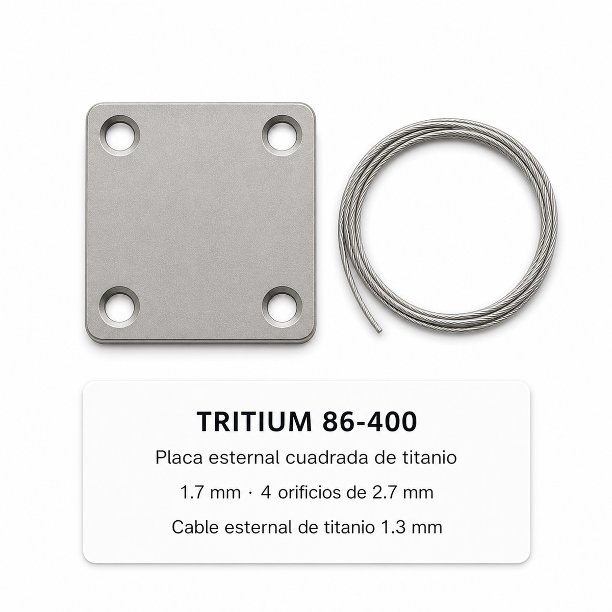Imagen optimizada: Tritium 86-400 A&E Medical, placa esternal cuadrada de titanio de 1.7 mm con 4 orificios y cable esternal de titanio de 1.3 mm, sobre fondo blanco