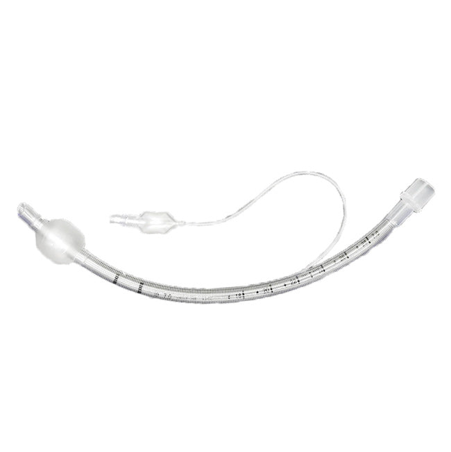 Tubo endotraqueal Inhalo-Tech reforzado con alma de acero y globo, con la espiral de refuerzo visible en la pared del tubo