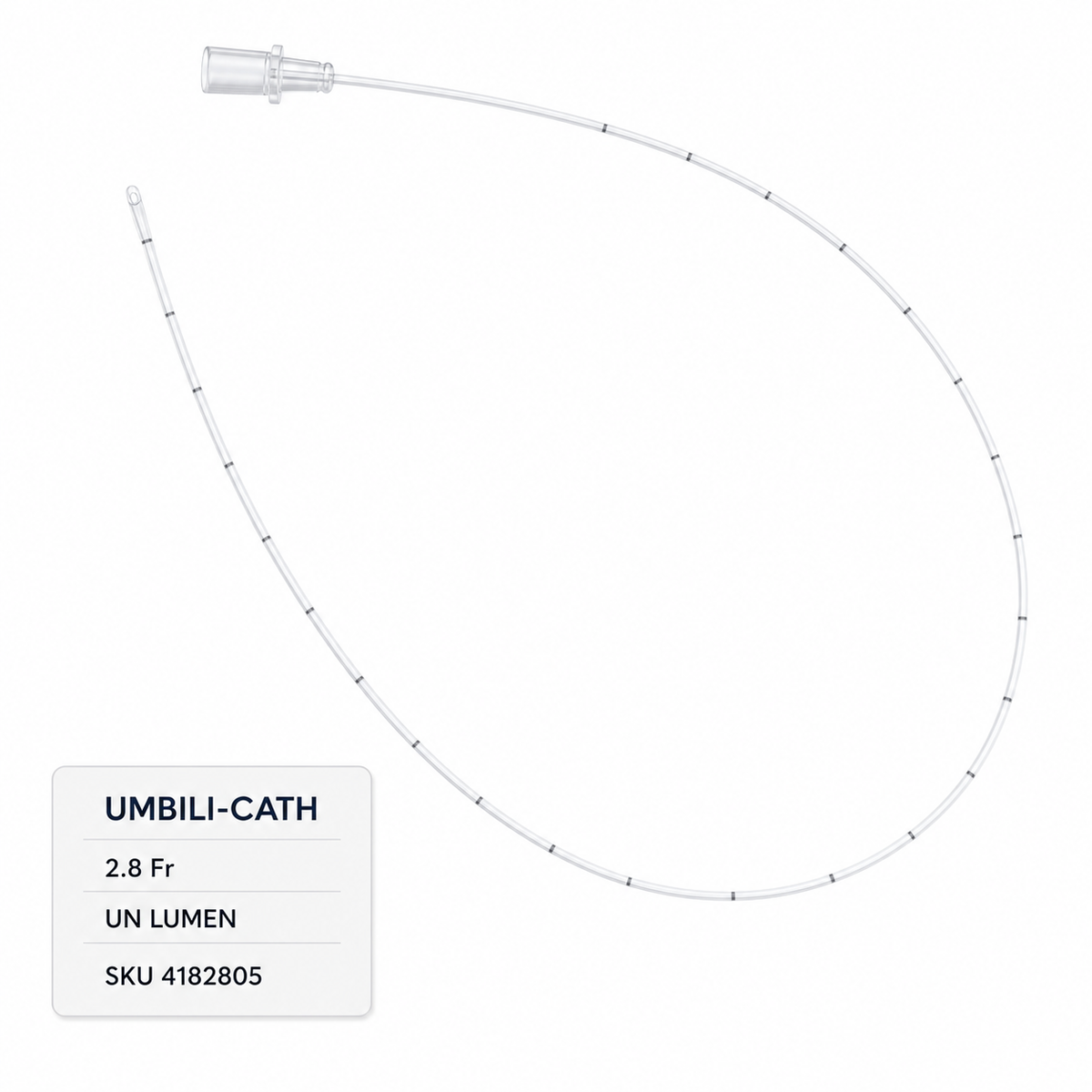 Imagen ilustrativa optimizada: catéter umbilical pediátrico Utah Medical Umbili-Cath 4182805, 2.8 Fr, un lumen, sobre fondo blanco
