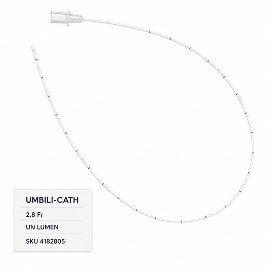 Imagen ilustrativa optimizada: catéter umbilical pediátrico Utah Medical Umbili-Cath 4182805, 2.8 Fr, un lumen, sobre fondo blanco