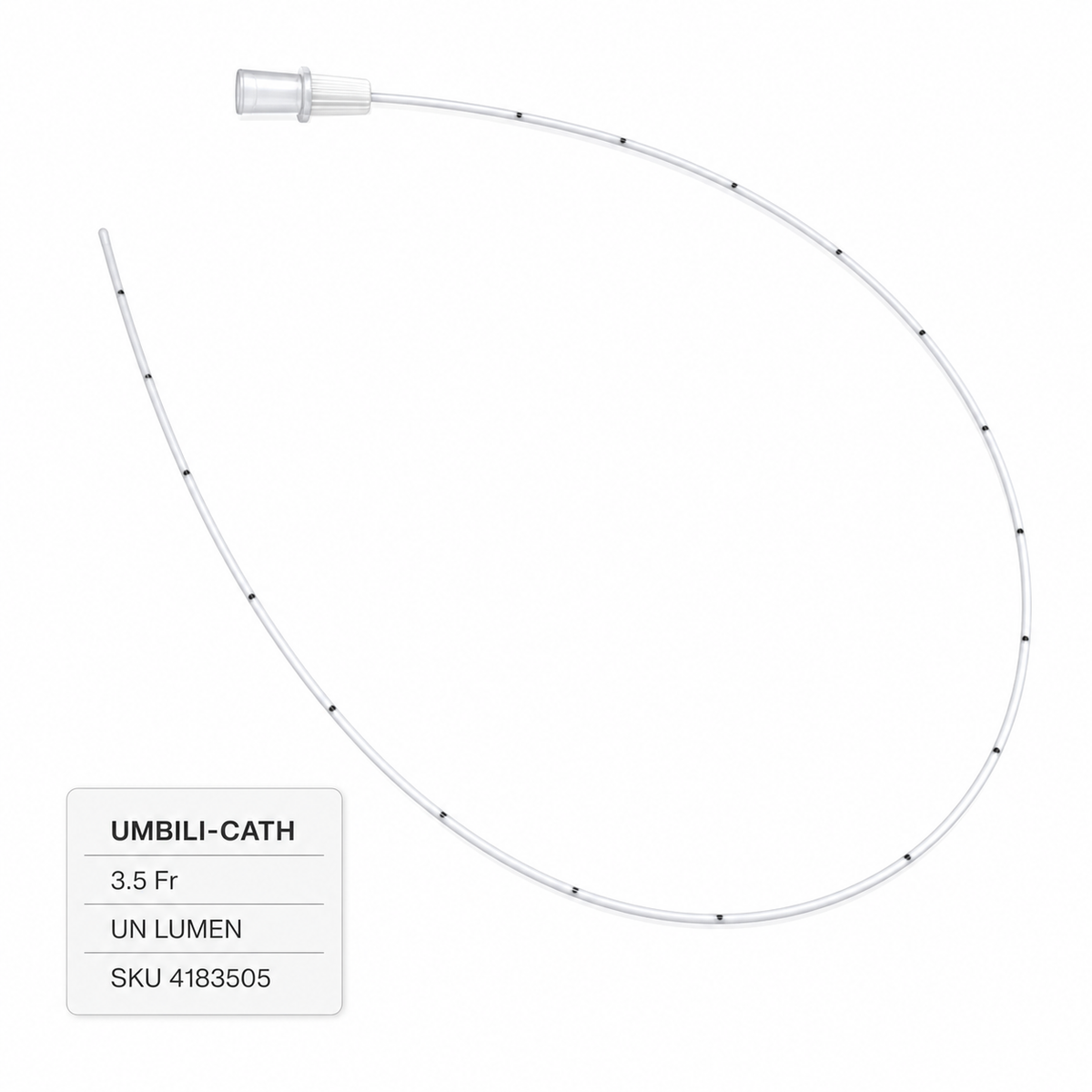 Imagen ilustrativa optimizada: catéter umbilical pediátrico Utah Medical Umbili-Cath 4183505, 3.5 Fr, un lumen, sobre fondo blanco