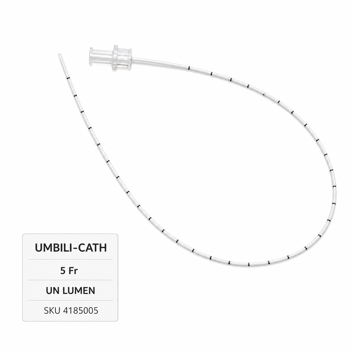 Imagen ilustrativa optimizada: catéter umbilical pediátrico Utah Medical Umbili-Cath 4185005, 5 Fr, un lumen, sobre fondo blanco