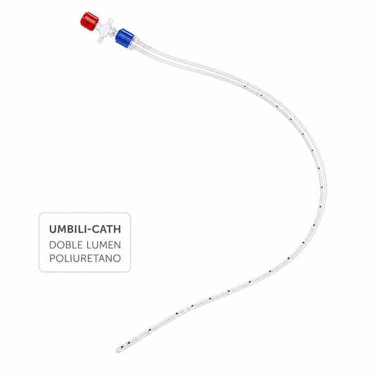 Imagen ilustrativa optimizada: catéter umbilical pediátrico Utah Medical Umbili-Cath de doble lumen, poliuretano, sobre fondo blanco