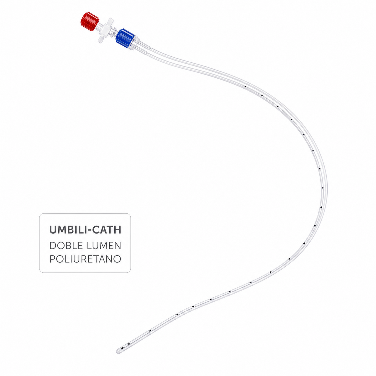 Imagen ilustrativa optimizada: catéter umbilical pediátrico Utah Medical Umbili-Cath de doble lumen, poliuretano, sobre fondo blanco