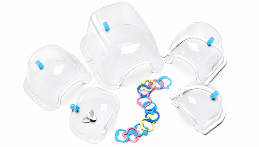 Utah Medical Disposa-Hood 301, casco cefálico neonatal; imagen de familia sobre fondo blanco