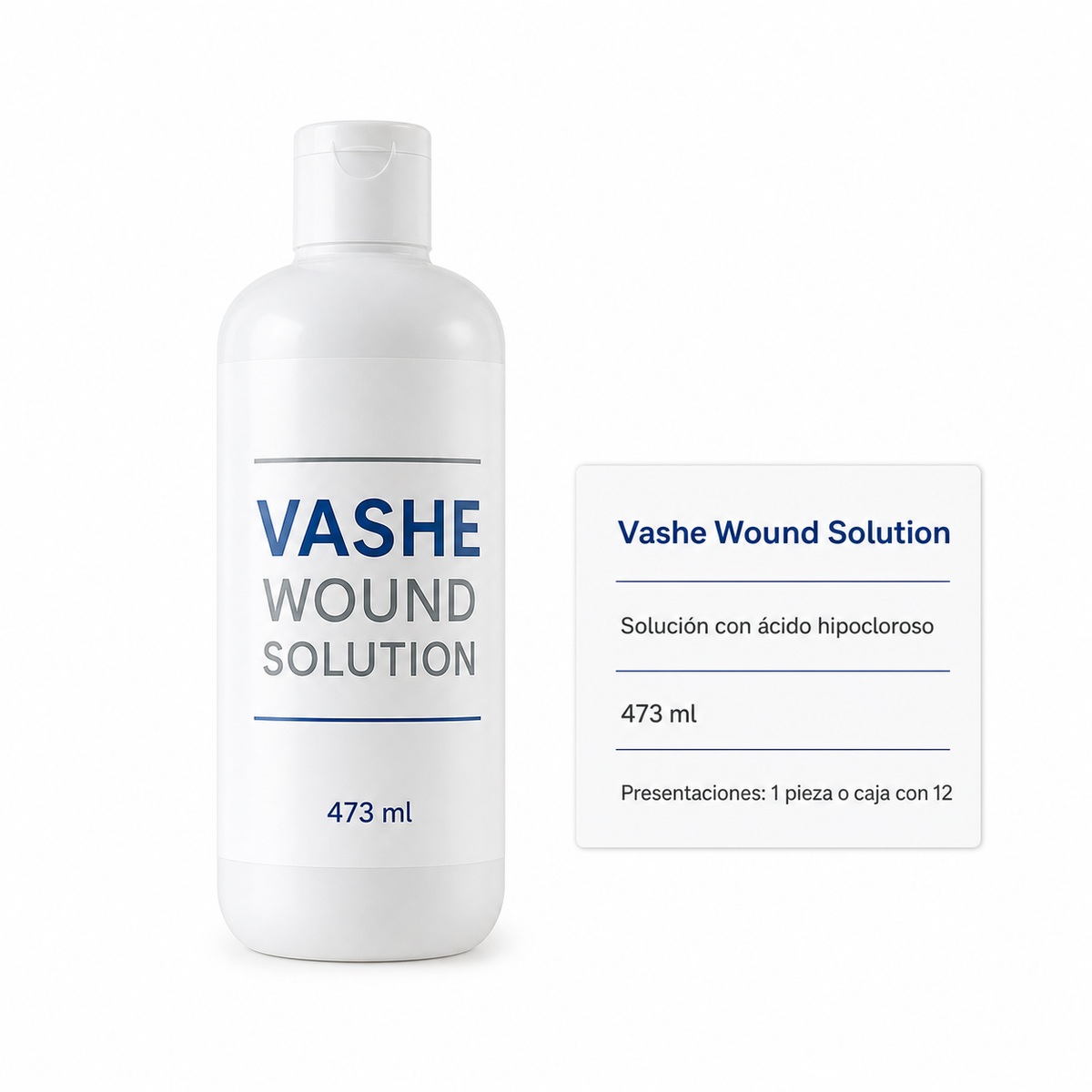 Ilustración Vashe Wound Solution 473 ml, 1 pieza o caja con 12, sobre fondo blanco