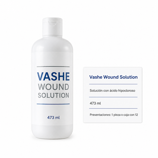 Ilustración Vashe Wound Solution 473 ml, 1 pieza o caja con 12, sobre fondo blanco