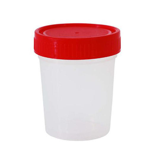 Vaso copro translúcido de 120 ml con tapa roja de rosca