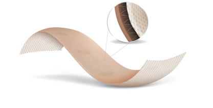 Venda UrgoK1 de tejido 3D: cara beige con indicadores PresSure y cara blanca