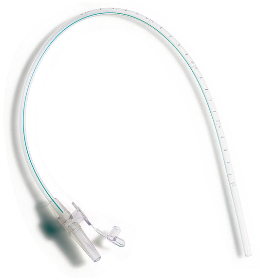 Sonda de aspiración Vygon 535 de PVC transparente con racord digital, tapón y marcas centimétricas, sobre fondo blanco