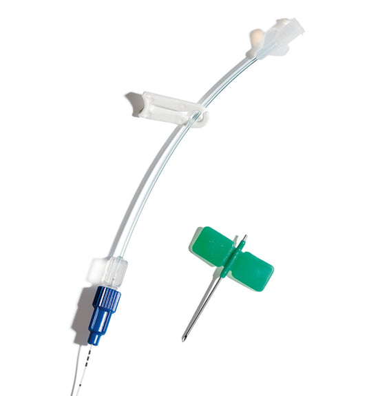 Vygon Epicutaneo-Cava REF 2184.00: PICC de silicona 2 Fr × 30 cm con Easy-lock azul y aguja 19 G de aletas, sobre blanco