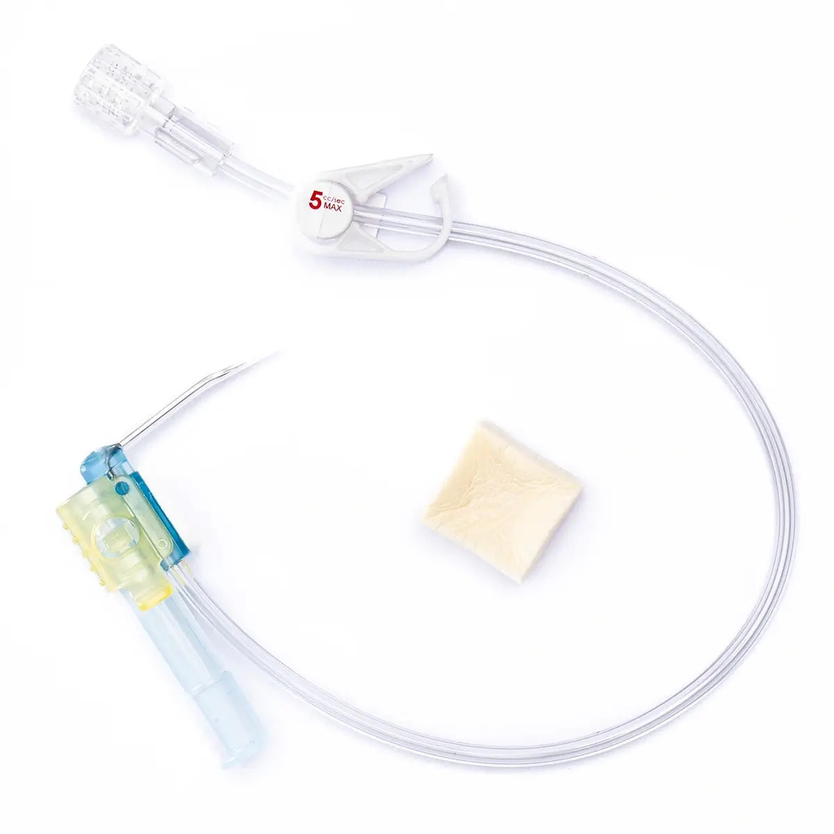 Aguja Huber Vygon PPS CT 802509 con cubo de espuma y clamp 5 cc/s MAX, sobre fondo blanco