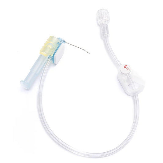 Aguja Huber Vygon PPS CT con línea de conexión, clamp 5 cc/s MAX y conector Luer, sobre fondo blanco