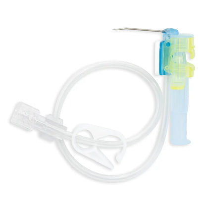 Aguja Huber de seguridad Vygon PPS Flow 702509, 20 G × 25 mm, con línea de conexión, sobre fondo blanco