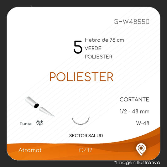 Atramat poliéster USP 5 verde, aguja W-48 de 48 mm, 75 cm