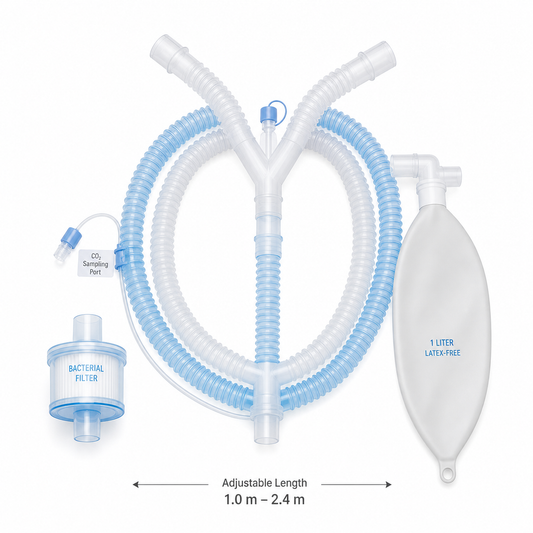 Imagen ilustrativa optimizada: circuito Wellead pediátrico expandible en Y de 1 a 2.4 m, con bolsa de 1 L, filtro bacteriano y puerto para CO2, sobre fondo blanco