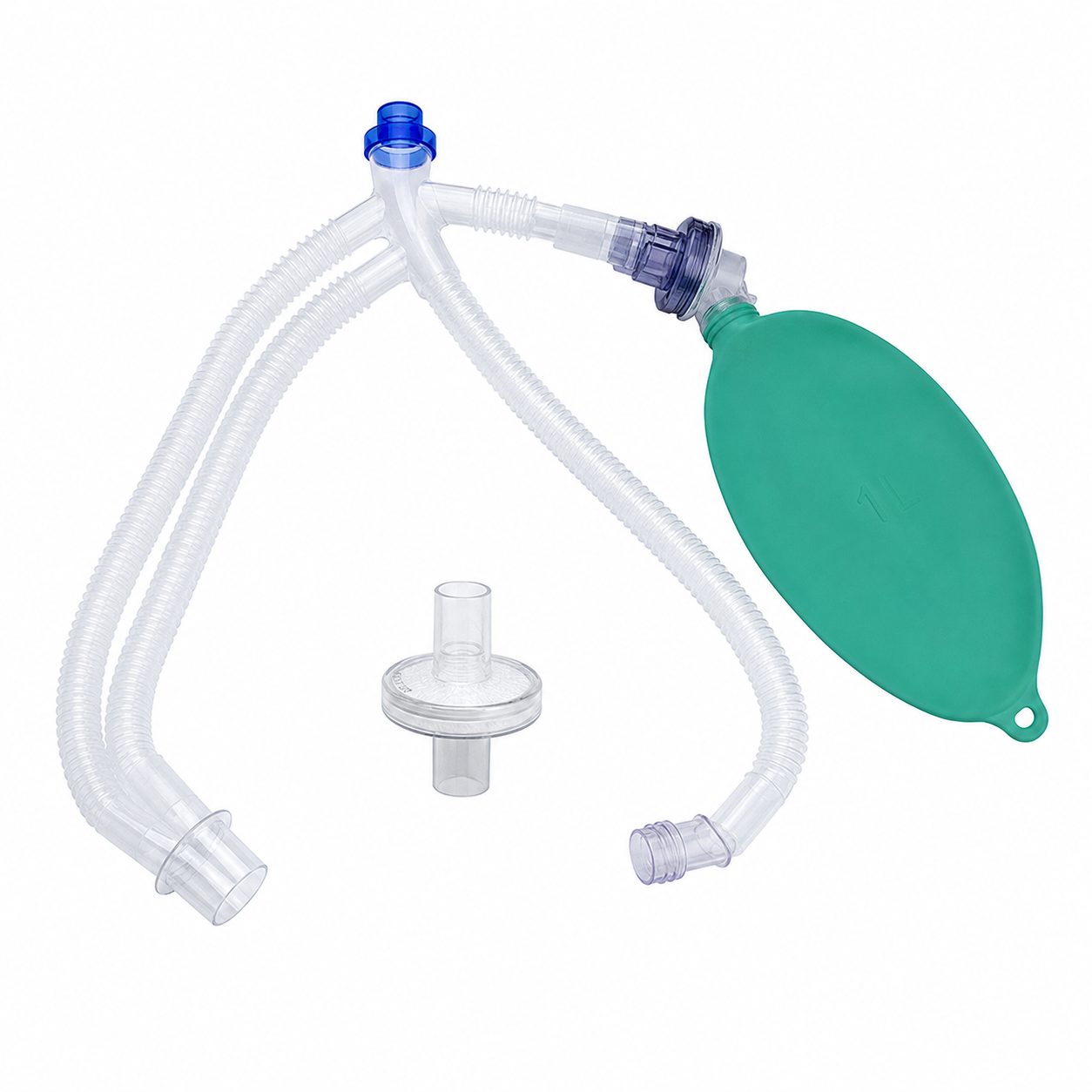 Imagen ilustrativa optimizada: Wellead circuito fijo de anestesia pediátrico de 1.5 m, configuración en Y, bolsa de 1 L y filtro bacteriano, sobre fondo blanco