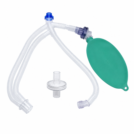 Imagen ilustrativa optimizada: Wellead circuito fijo de anestesia pediátrico de 1.5 m, configuración en Y, bolsa de 1 L y filtro bacteriano, sobre fondo blanco
