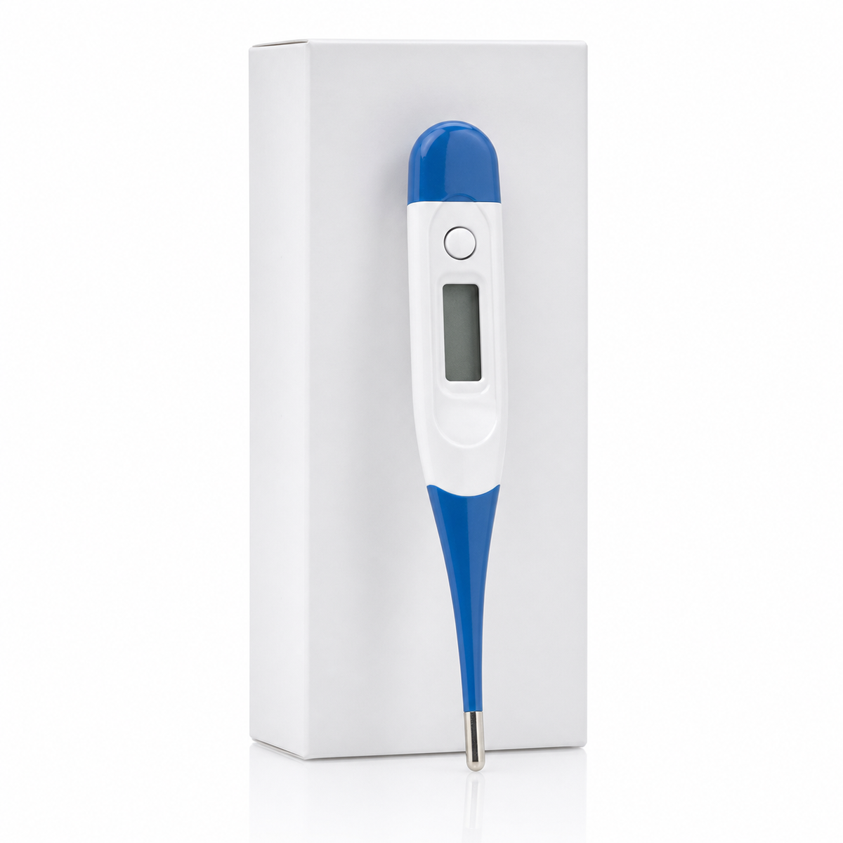 Imagen ilustrativa optimizada: termómetro digital corporal rígido XHF2001 con alarma automática, pantalla LCD y sensor de acero inoxidable, sobre fondo blanco