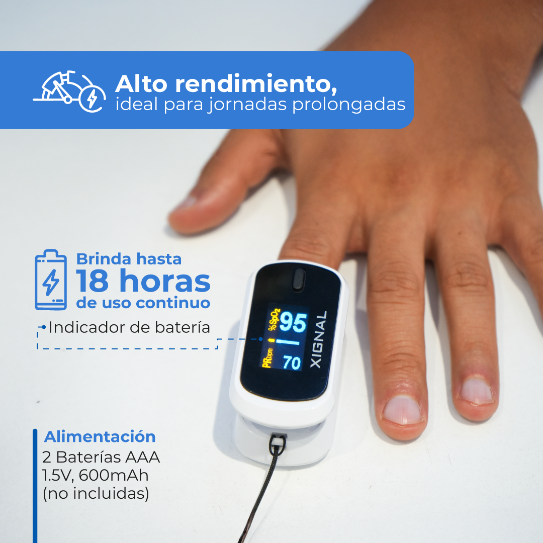 Oxímetro Xignal MD300C2 en uso, con el indicador de batería en la pantalla.