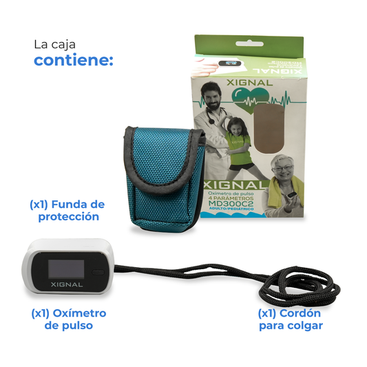 Caja del oxímetro de pulso Xignal MD300C2 con el oxímetro, la funda y el cordón.