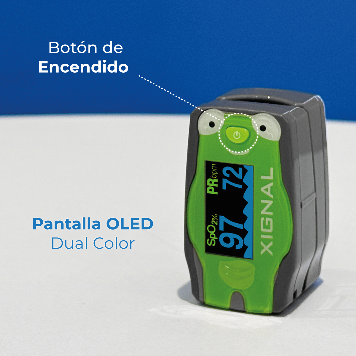 Oxímetro de pulso pediátrico Xignal, botón de encendido y pantalla OLED de dos colores