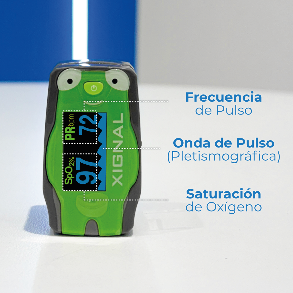 Pantalla del oxímetro Xignal con saturación de oxígeno, frecuencia de pulso y onda pletismográfica