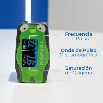 Pantalla del oxímetro Xignal con saturación de oxígeno, frecuencia de pulso y onda pletismográfica