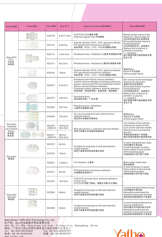 Tabla del catálogo SecureFix: REF 623275, apósito IV transparente 10 × 12 cm para CVC, PICC y vías centrales