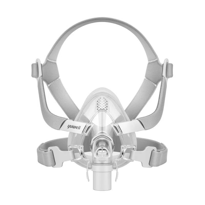 Mascarilla facial Yuwell referencia MF, con arnés que pasa por arriba de la cabeza y la marca en el marco. La fotografía muestra ese diseño; la talla es la de la opción.
